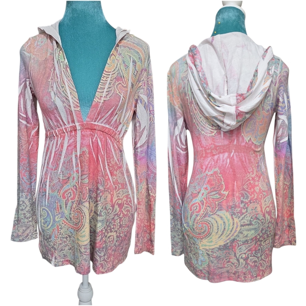 Color In Motion Long Sleeve Colorful Paisley Dyed Empire Hooded Top